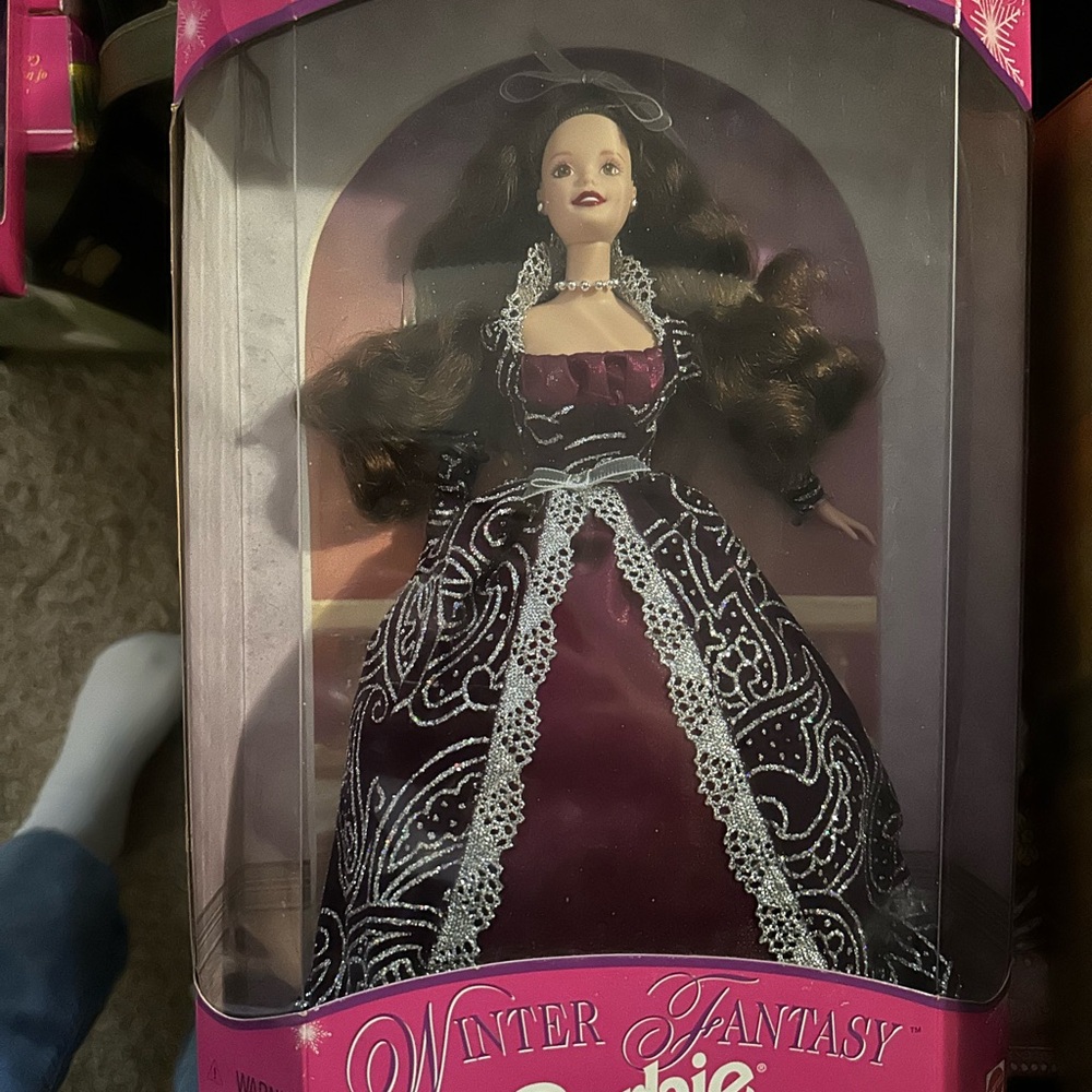 1996 Winter Fantasy Doll Brunette in Burgundy & Black Gown